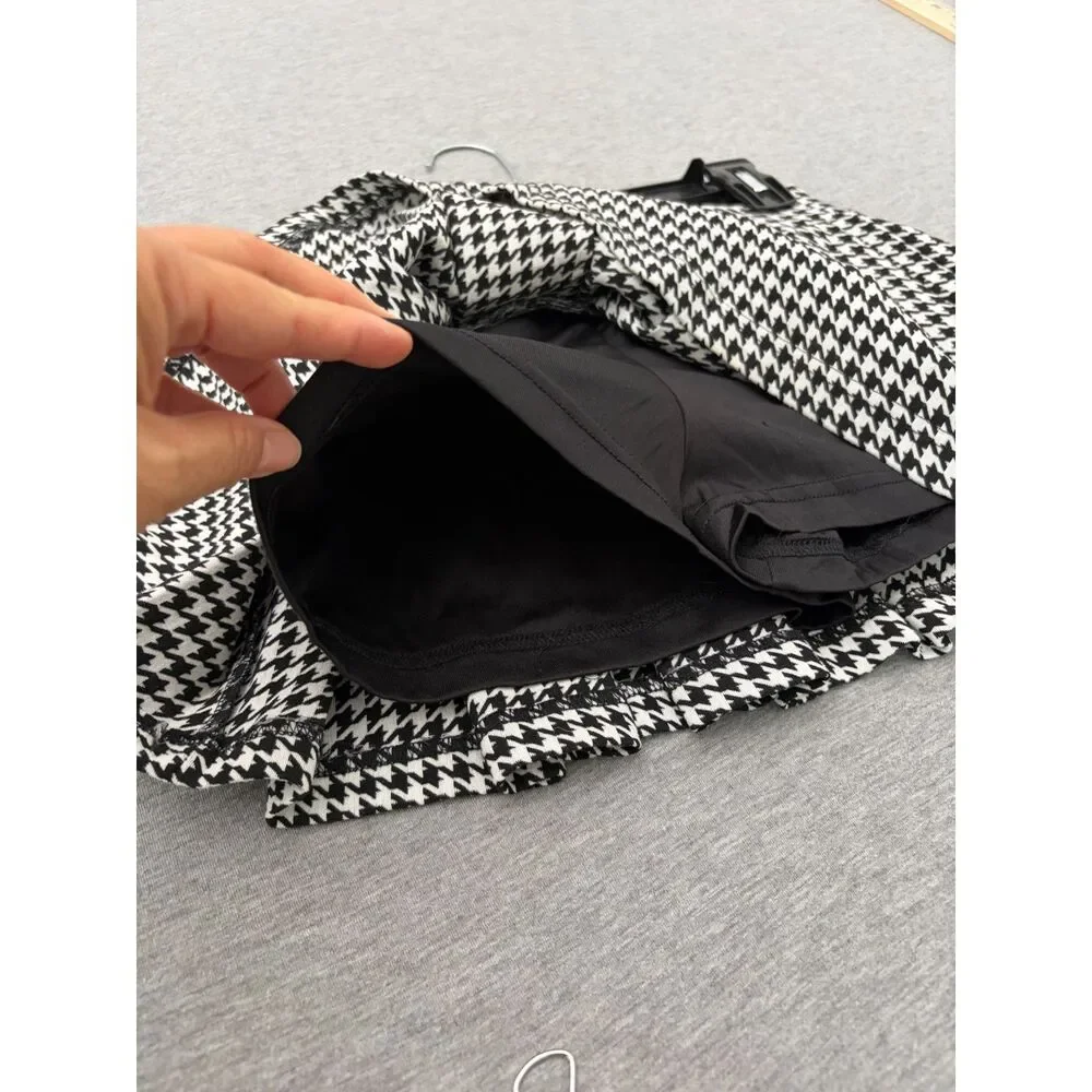 Y2K Micro Mini Pleated Skort Tennis Skirt Black White Houndstooth XS Tenniscore